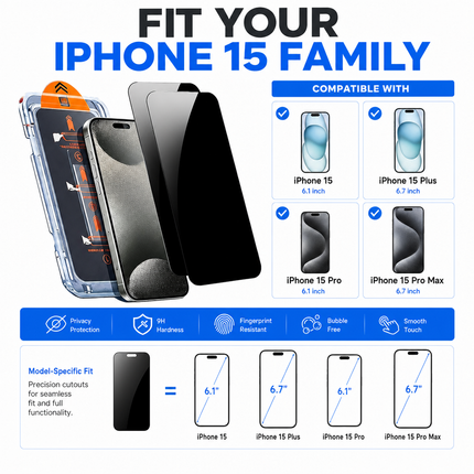 Privacy Tempered Glass Screen Protector for iPhone 15 2 Pack