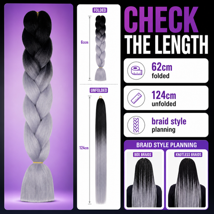 Synthetic Braiding Hair 62cm Black Silver Grey for Braid Styles