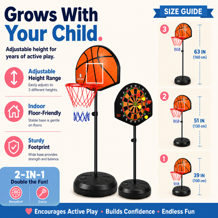 Kids Basketball Hoop Magnetic Dart Board Adjustable Height Indoor Play Set
