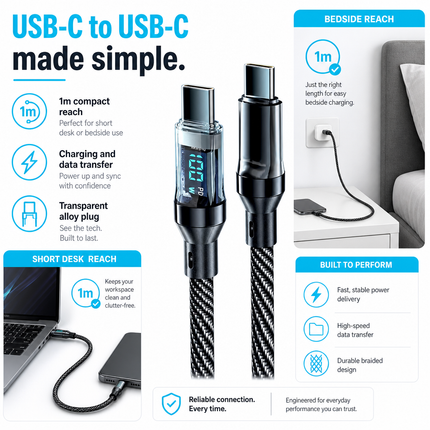 USB C to USB C Charging Cable Braided 100W 1m with Display