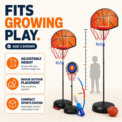 Kids Basketball Hoop Archery Set Adjustable Height Indoor Outdoor Toy