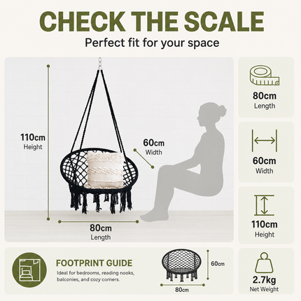 Hammock Chair Black Cotton Macrame Indoor Outdoor Hanging Seat