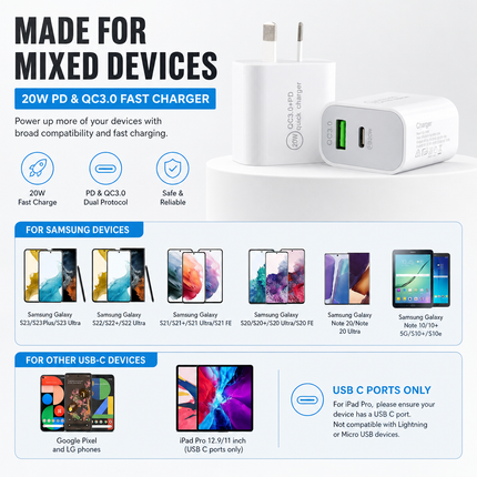 20W PD QC3 0 Fast Charger Broad Compatibility for USB C Devices