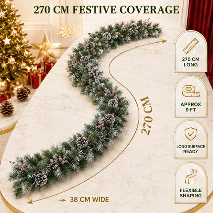 270cm Lightly Frosted Pine Christmas Garland with Pine Cones & Red Berries Decor