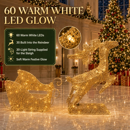 Christmas Reindeer & Sleigh Solar LED Lights Metal Frame Outdoor Xmas Garden Decoration