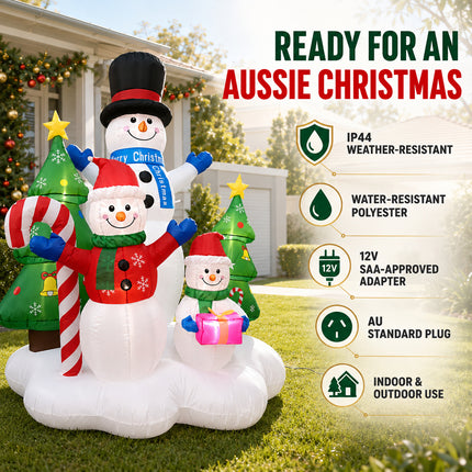 216cm LED Lights Christmas Inflatable Snowman Family with Trees Candy Cane Blow Up Xmas Decor