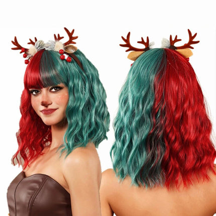 Christmas Wig Red and Green Wig Short Wavy Fun Wigs with Bangs Curly Bob Wigs