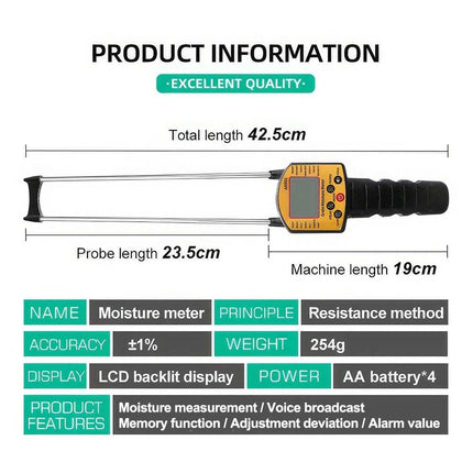 Portable Hay Grain Moisture Meter Corn Rice Bean Moisture Tester Voice Broadcast