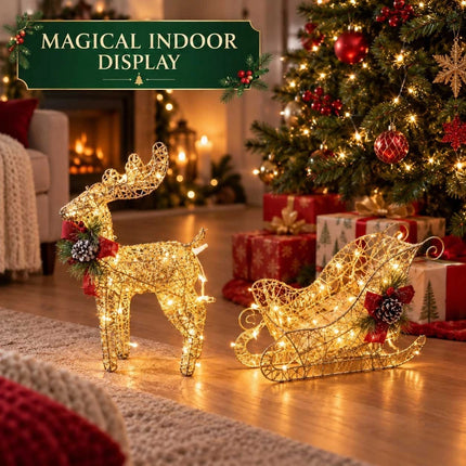 Solar Christmas Reindeer Sleigh LED Lights Outdoor Garden Xmas Yard Decoration