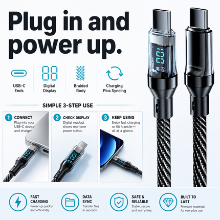 USB C to USB C Charging Cable Braided 100W 1m with Display