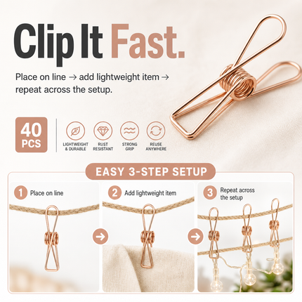 Clothes Peg Clips Rose Gold 40 Pack for Fairy Lights Camping Use