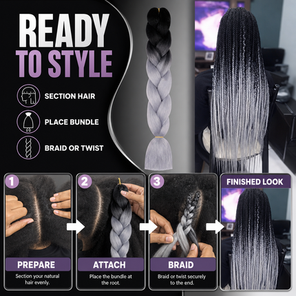Synthetic Braiding Hair 62cm Black Silver Grey for Braid Styles