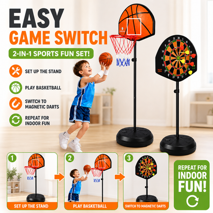 Kids Basketball Hoop Magnetic Dart Board Adjustable Height Indoor Play Set