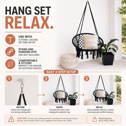 Hammock Chair Black Cotton Macrame Indoor Outdoor Hanging Seat