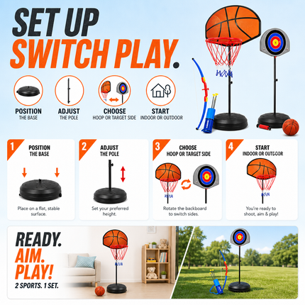 Kids Basketball Hoop Archery Set Adjustable Height Indoor Outdoor Toy