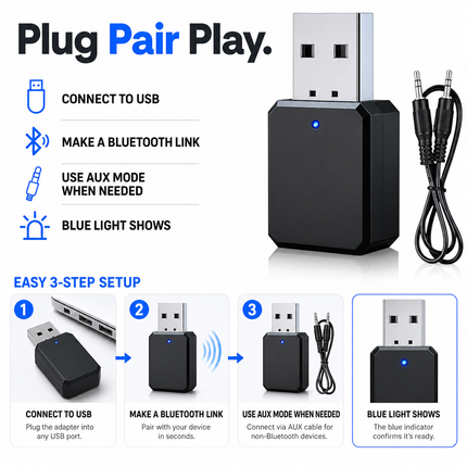 Bluetooth Audio Adapter USB 2 in 1 TX RX for Car Stereo AUX