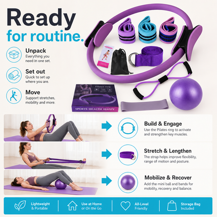 Yoga Fitness Set 11 Piece Purple Beginner Exercise Kit