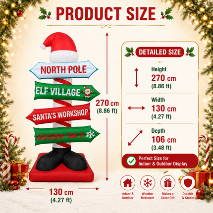 9FT Christmas Inflatable North Pole Sign Santa Hat Lighted Outdoor Yard Blow Up Decor