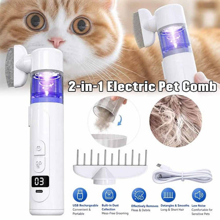 2-in-1 Electric Pet Grooming Brush & Flea Comb, Rechargeable Detangling Brush
