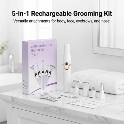 Electric Epilator and Eyebrow Trimmer 5-in-1 Grooming Kit USB Rechargeable 5V