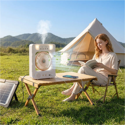 Portable Solar Air Cooler Fan with Humidifier Bluetooth Speaker and Camping Light
