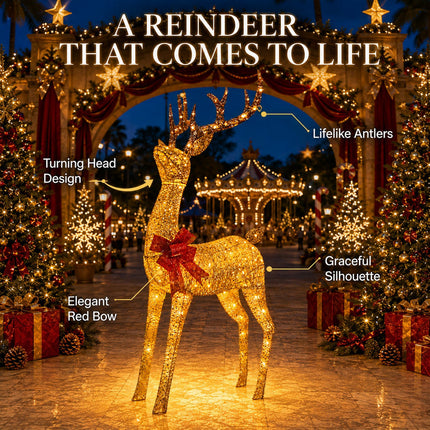 180cm Animated Solar Christmas Reindeer LED Light - Rotating Head, Iron Frame,Indoor & Outdoor