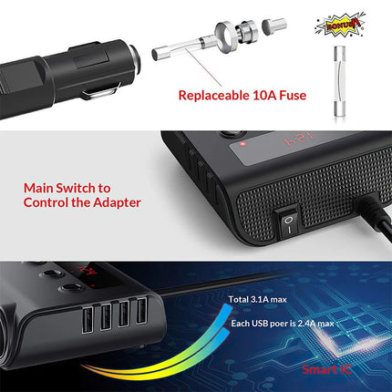 3 Way 12V 24V Multi Socket Car Cigarette Lighter Splitter USB Charger Adapter