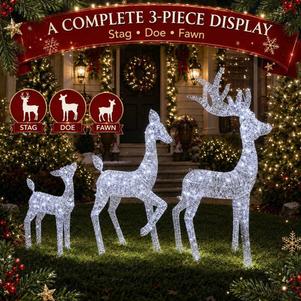 3 Piece LED Reindeer Family Christmas Outdoor Yard Xmas Decor Set White Stag Doe Fawn