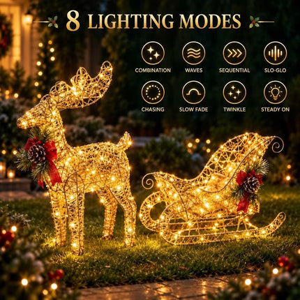 Solar Christmas Reindeer Sleigh LED Lights Outdoor Garden Xmas Yard Decoration