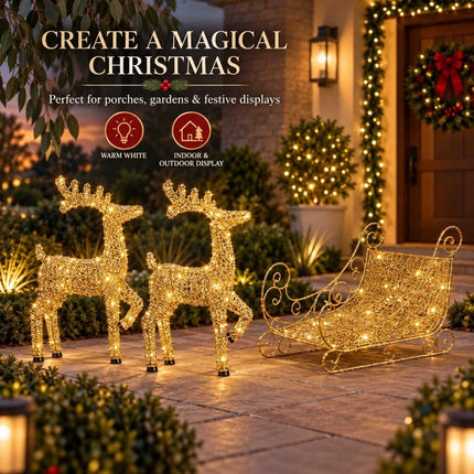 Set of 3 Christmas Decoration Reindeer and Sleigh LED Lighted Yard Garden Xmas