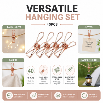 Clothes Peg Clips Rose Gold 40 Pack for Fairy Lights Camping Use