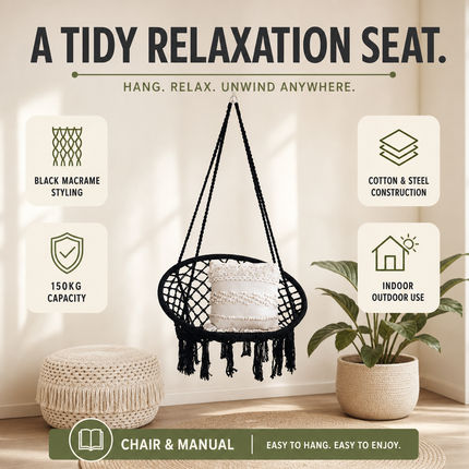 Hammock Chair Black Cotton Macrame Indoor Outdoor Hanging Seat