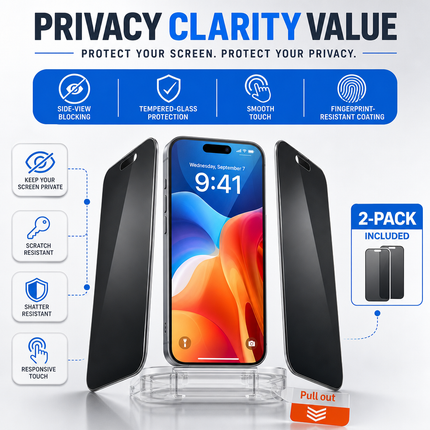 Privacy Tempered Glass Screen Protector for iPhone 16 Series 2 Pack