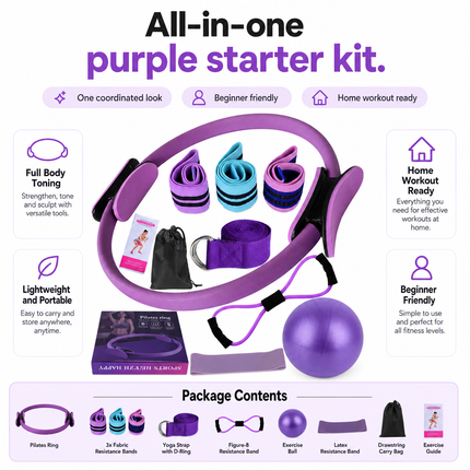 Yoga Fitness Set 11 Piece Purple Beginner Exercise Kit
