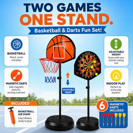 Kids Basketball Hoop Magnetic Dart Board Adjustable Height Indoor Play Set