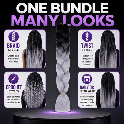 Synthetic Braiding Hair 62cm Black Silver Grey for Braid Styles