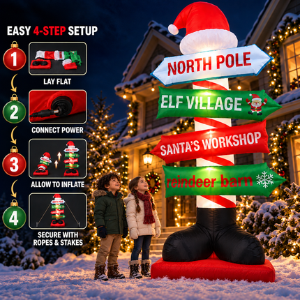 9FT Christmas Inflatable North Pole Sign Santa Hat Lighted Outdoor Yard Blow Up Decor