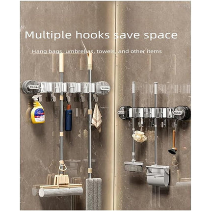 Grey Suction Cup Broom Holder Mop Hanger Wall Mounted Kitchen Tool Storage Organizer