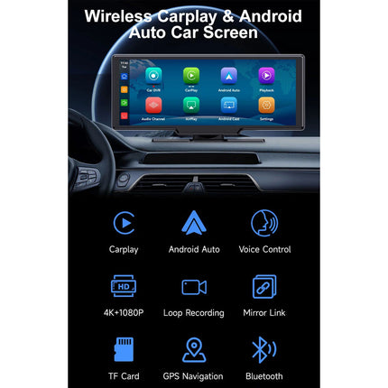 10.26" 4K Car Camera Wireless Apple CarPlay Android Auto FM Touch Screen Radio