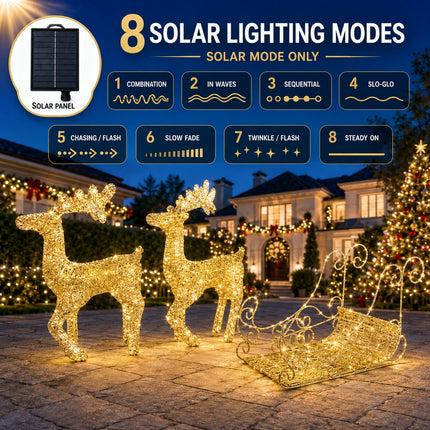 Double Deer Pulling Cart Christmas Lights Solar Powered Warm White LED Outdoor Decoration