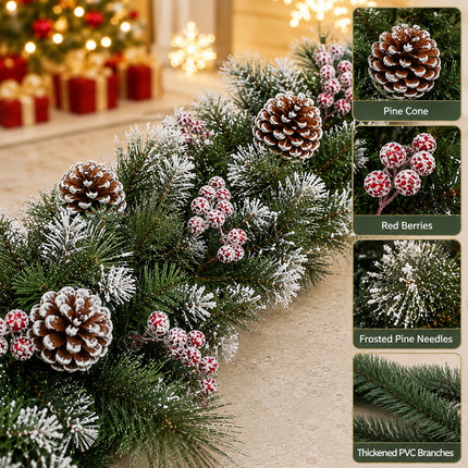 270cm Lightly Frosted Pine Christmas Garland with Pine Cones & Red Berries Decor