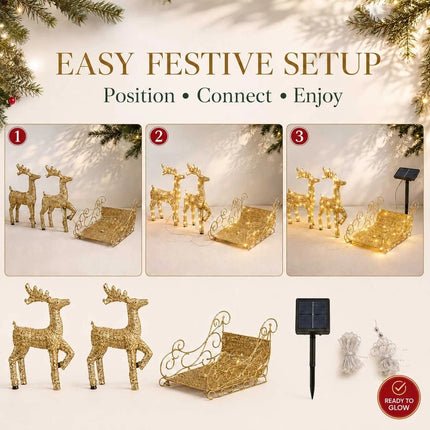 Set of 3 Christmas Decoration Reindeer and Sleigh LED Lighted Yard Garden Xmas