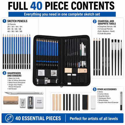 Professional Sketching Pencils Set Art Supplies Graphite Draw Charcol | 08-package-content.png
