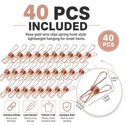 Clothes Peg Clips Rose Gold 40 Pack for Fairy Lights Camping Use
