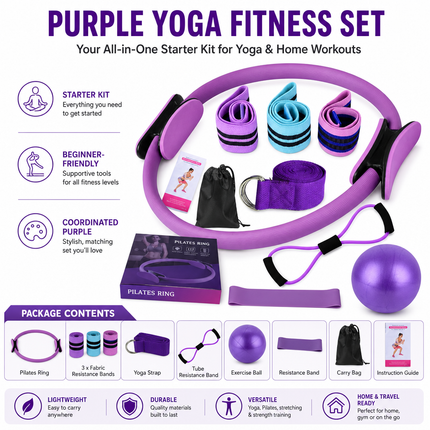 Yoga Fitness Set 11 Piece Purple Beginner Exercise Kit