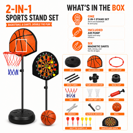 Kids Basketball Hoop Magnetic Dart Board Adjustable Height Indoor Play Set