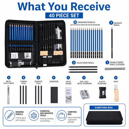 Professional Sketching Pencils Set Art Supplies Graphite Draw Charcoal | 08-package-content.png