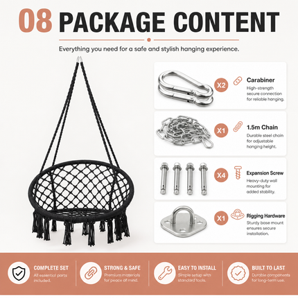 Hammock Chair Black Cotton Macrame Indoor Outdoor Hanging Seat
