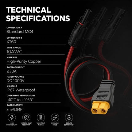 For MC4 Solar Panel Connector To XT60 Adapter IP67 10AWG 3M Extension Cable 3M