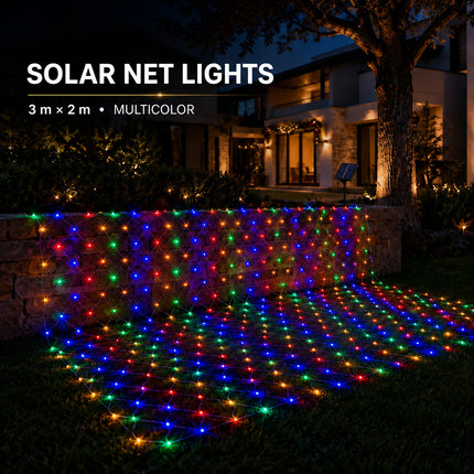 3M x 2M Solar Christmas Net Lights 240 LED Multicolour Outdoor Garden Curtain String Fairy Lights – 8 Modes